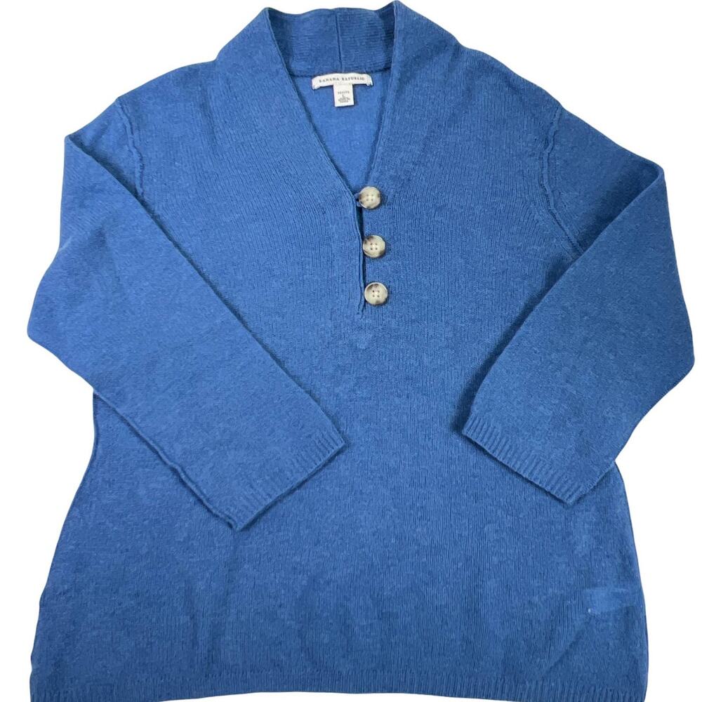 Banana Republic Soft Blue Wool Cashmere Blend Shawl V-Neck Sweater Petite L